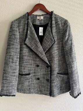 Ann Taylor Loft Knit Tweed Blazer 14 NWT Black White Fringe Trim Crop Jacket